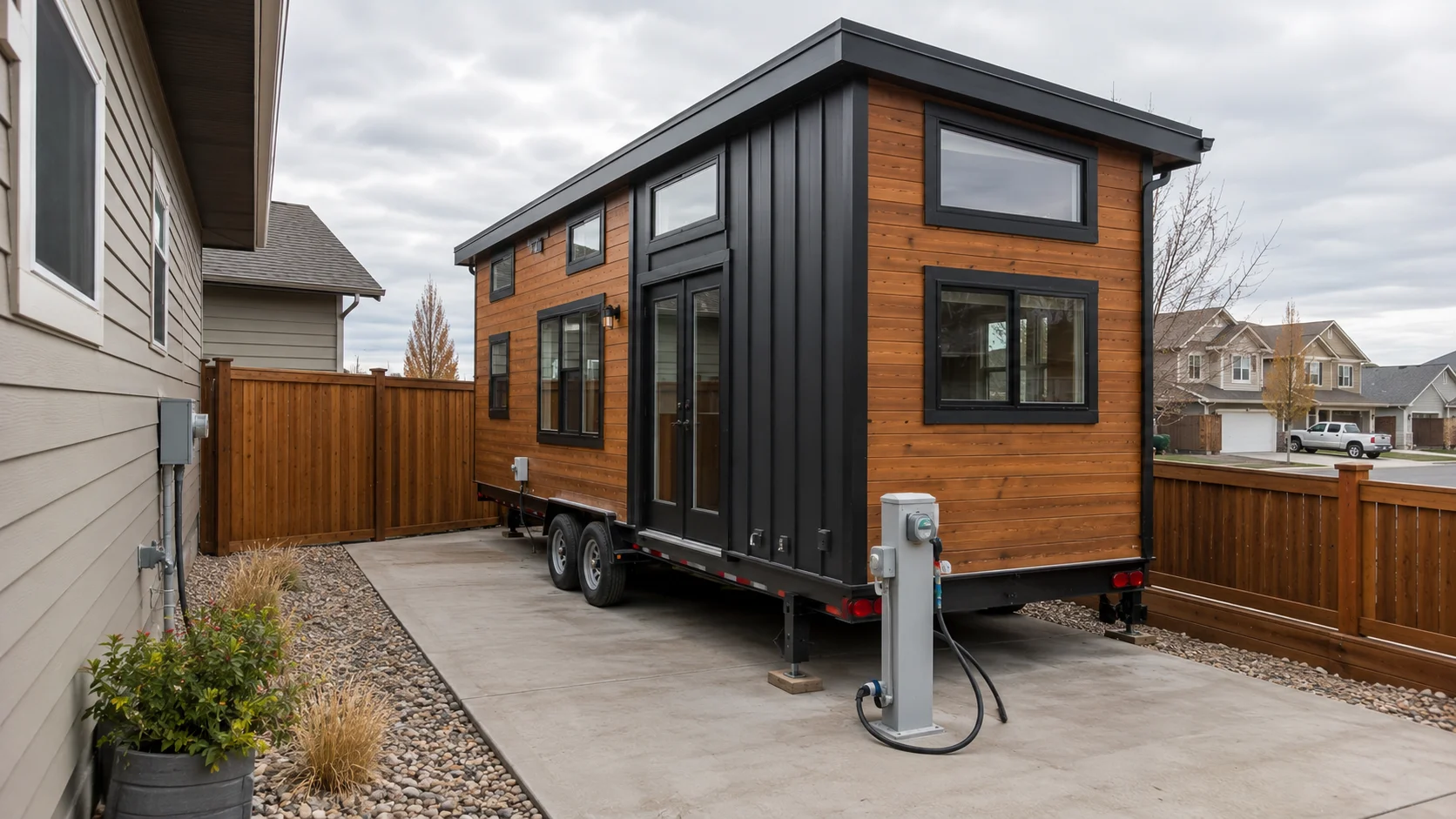 Tiny house on wheels beside an Idaho home